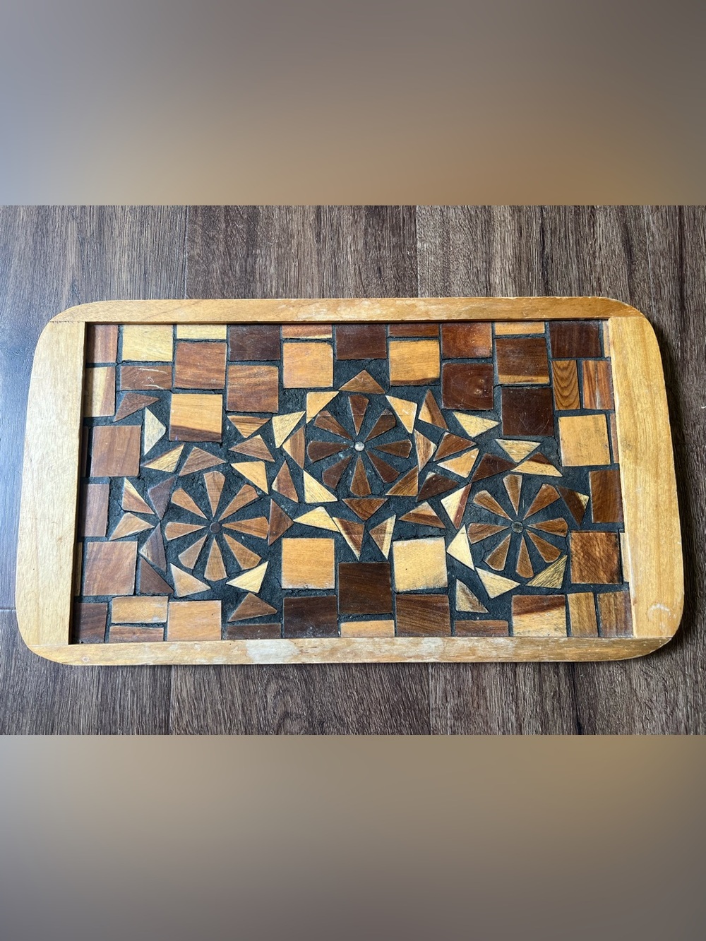 Vintage MCM Talleres Wooden Mosaic Serving Tray Flowers Handmade Ecuador